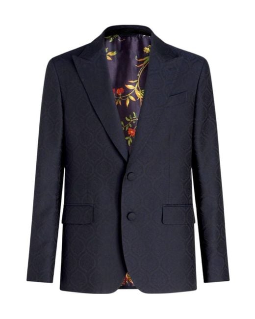 Etro Blue Patterned Single-Breasted Blazer for men