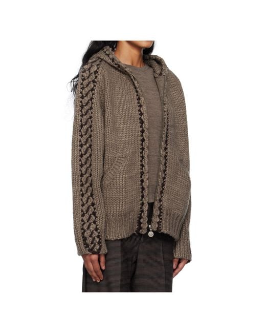 OPEN YY Brown Seam-Stitched Zip-Up Knit Hoodie