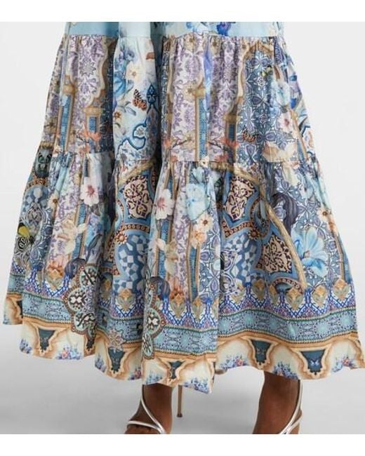 Camilla Blue Shirred Floral Cotton Maxi Dress