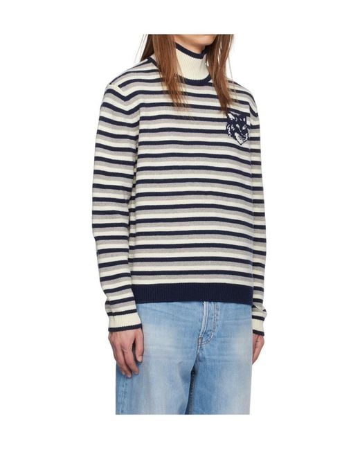 Maison Kitsuné Blue Fox Head Intarsia Striped Jumper for men