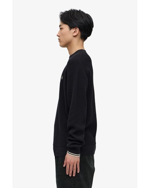 Fred Perry Black Waffle-Knit Crewneck Jumper for men