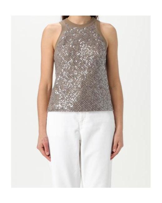 Brunello Cucinelli Brown Sequin Embellished Sleeveless Tank Top