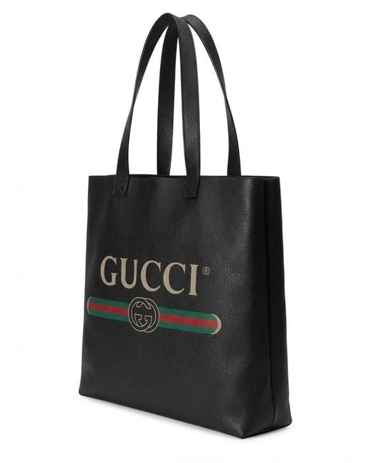 Gucci Black Logo-Print Leather Tote Bag
