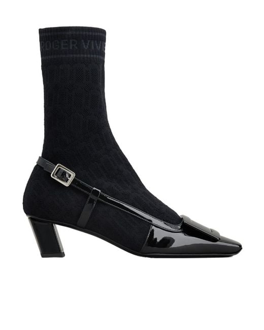 Roger Vivier Black Belle Vivier Sock Lacquered Buckle Ankle Boots