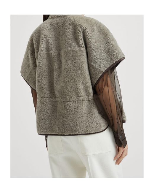 Brunello Cucinelli Gray Monili Chain-Detail Shearling Jacket