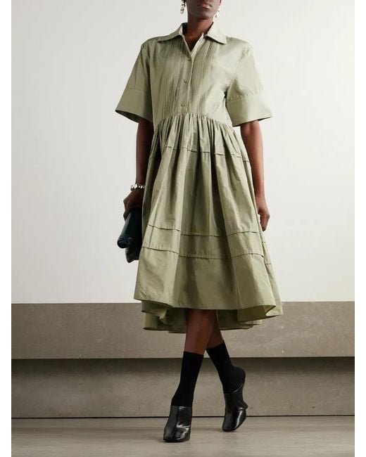 Jil Sander Green Pleated Sateen Midi Shirt Dress