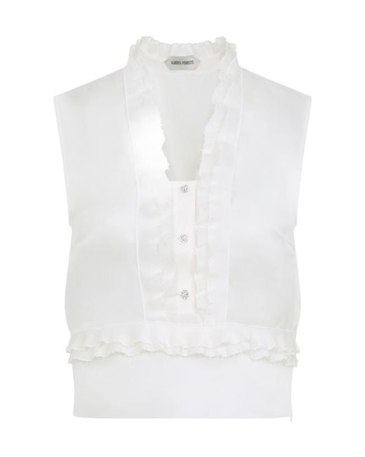 Alberta Ferretti White Ruffled Satin Organza Blouse
