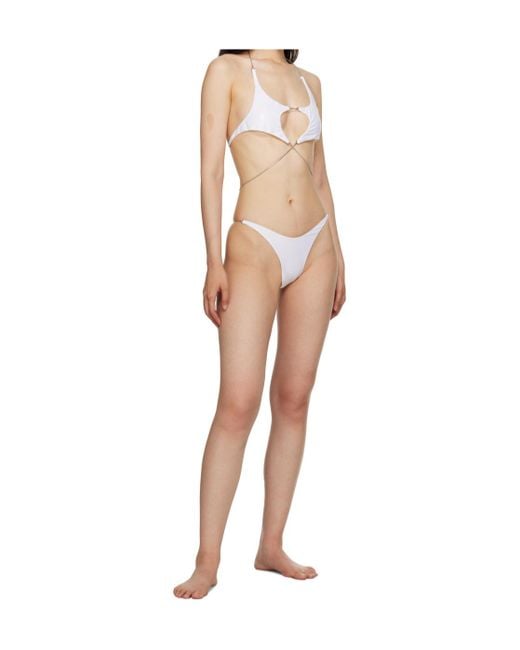 Mugler White Elastic Knitted Bikini Swimsuit