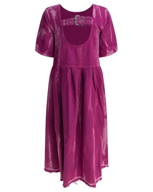 Ganni Purple Overdyed Heavy Denim Open Back Distressed Midi Dress