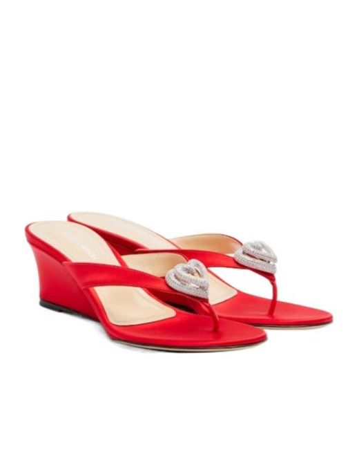 Mach & Mach Red Double Heart Satin Wedge Thong Sandals