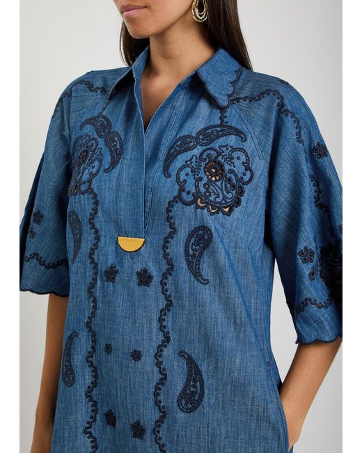 Zimmermann Blue Aster Embroidered Denim Midi Dress