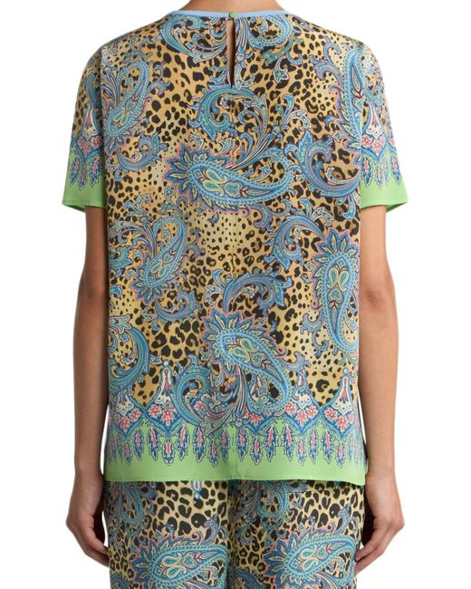 Etro Blue Paisley Animal-Motif Silk Top