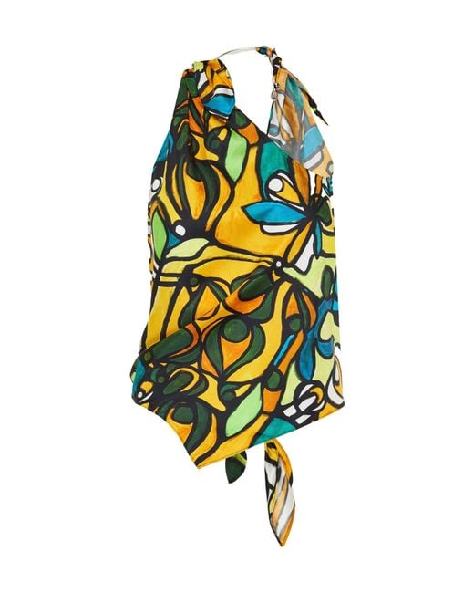 Christopher Esber Yellow Printed Draped Silk Top
