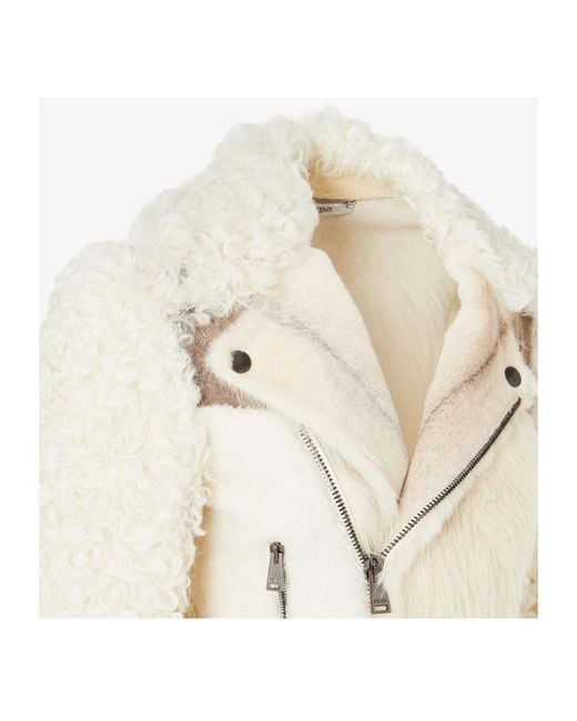 Fendi White Blouson Ivory Patchwork Shearling Biker Jacket