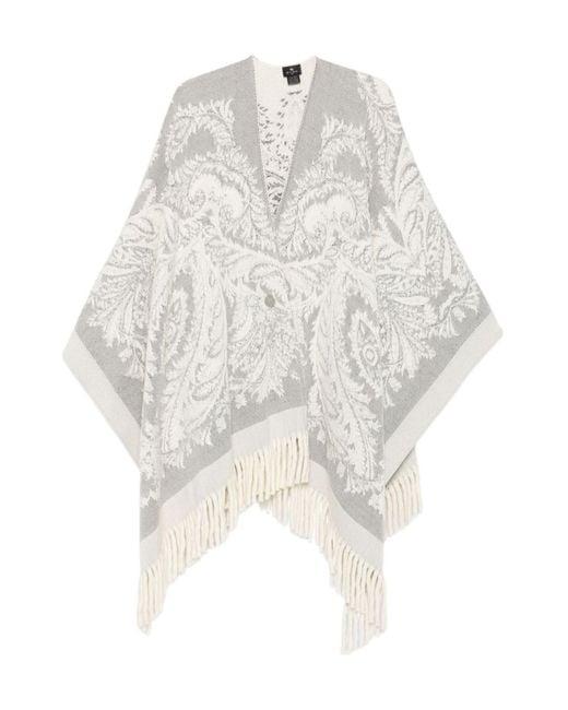 Etro White Paisley-Pattern Fringed Poncho