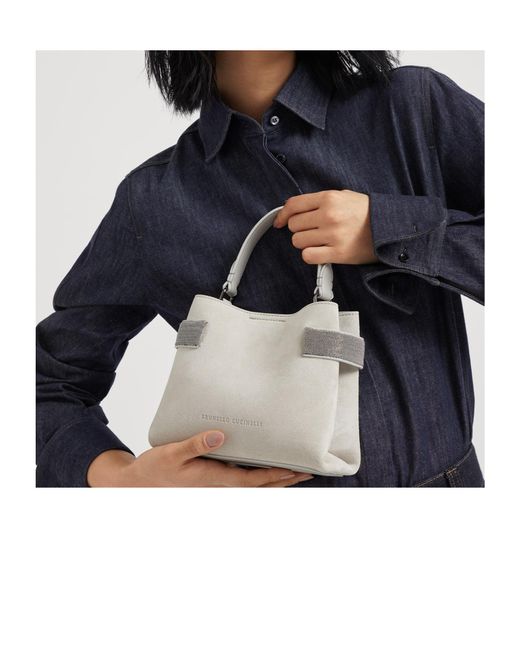 Brunello Cucinelli White Monili-Embellished Suede Tote Bag