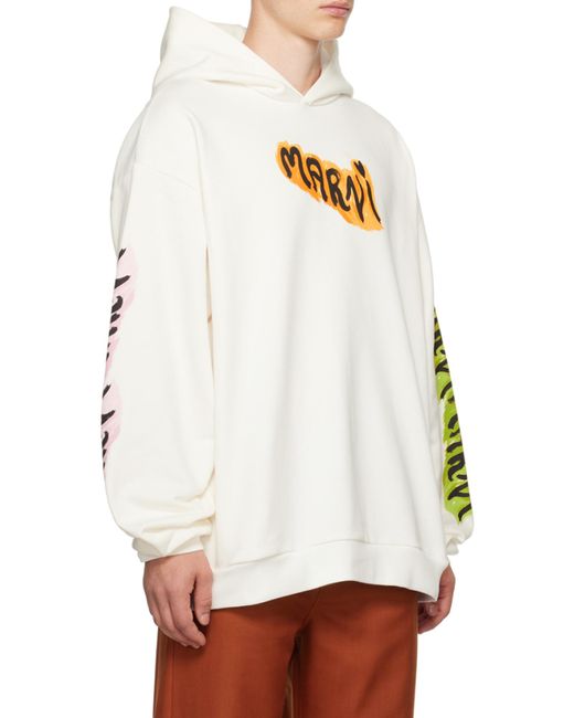 Marni White Graffiti Printed Long Sleeved Hoodie for men