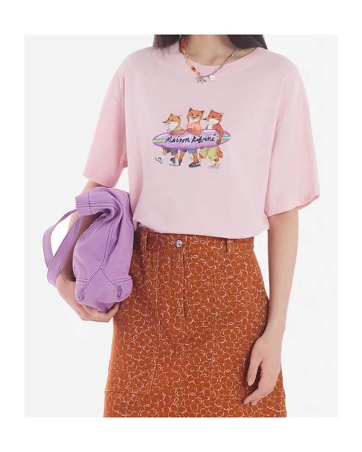 Maison Kitsuné Pink Surfing Foxes-Print Cotton T-Shirt