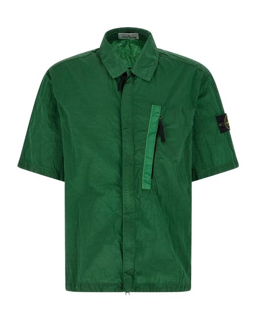 Stone Island Green Logo Patch Short Sleeve Shirt for men