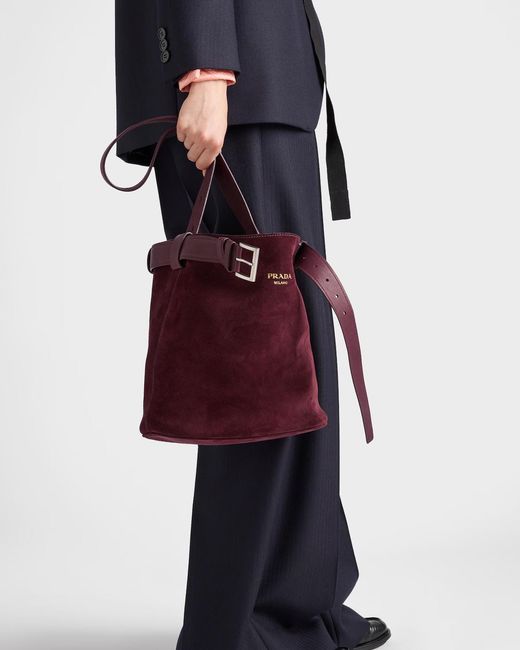 Prada White Buckle Belted Suede Bucket Bag
