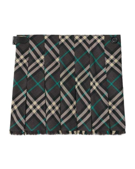 Burberry Green Check-Pattern Frayed-Edge Mini Skirt