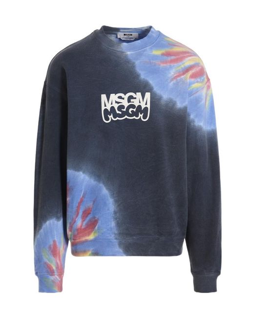 MSGM Blue Logo Printed Tie Dyed Sweatshirt for men