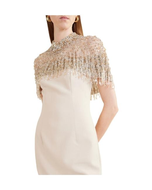 Jenny Packham White Cape Effect Embellished Tulle Gown