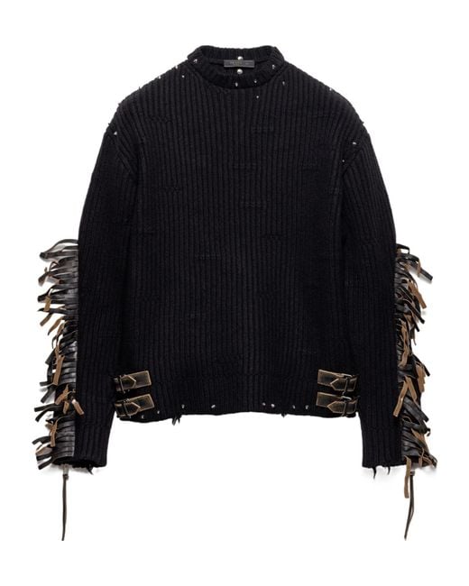 Prada Black Wool Crew-Neck Sweater With Fringe And Studs for men
