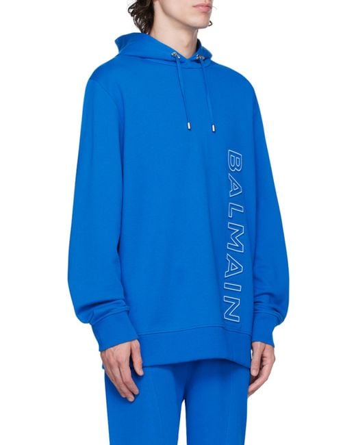 Balmain Blue Embossed Hooded Sweatshirt for men