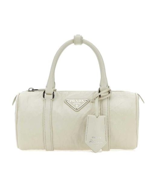 Prada Natural Logo-Plaque Top Handle Bag