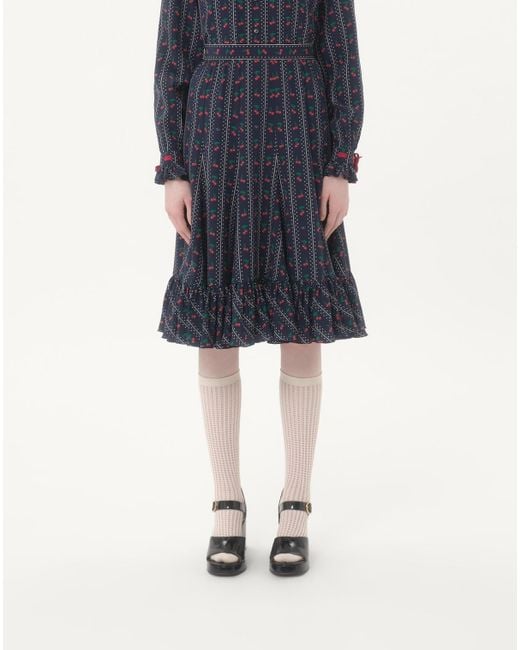 Valentino Blue Crepe De Chine Midi Skirt With Cherryfic Print