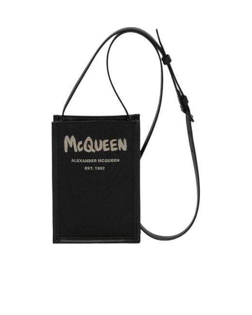 McQueen Black Graffiti Logo Printed Shoulder Bag for men