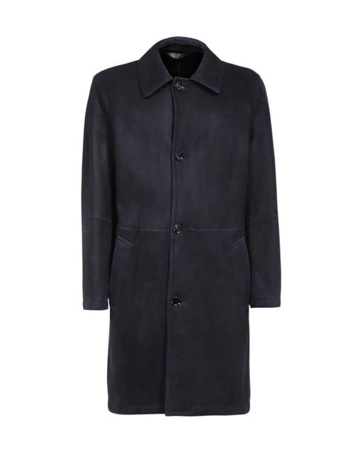 Brioni Blue Single-Breasted Leather Coat for men