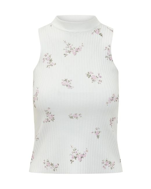 MSGM White Floral Printed Ribbed Top