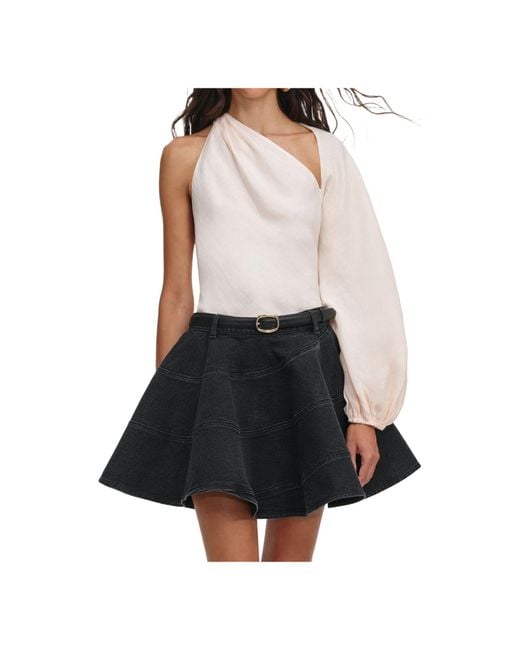 Self-Portrait Black Asymmetric Neck Draped-Sleeve Top