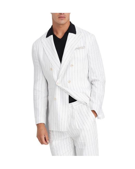 Brunello Cucinelli White Pinstripe-Print Linen Blazer for men