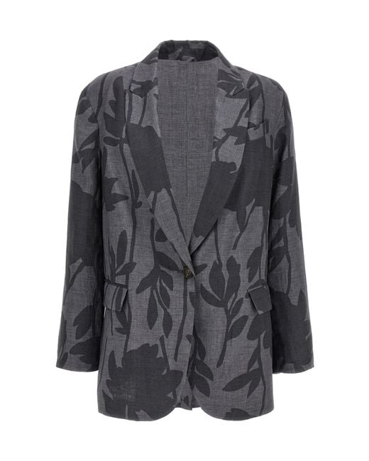 Brunello Cucinelli Gray Floral Printed Single-Breasted Blazer