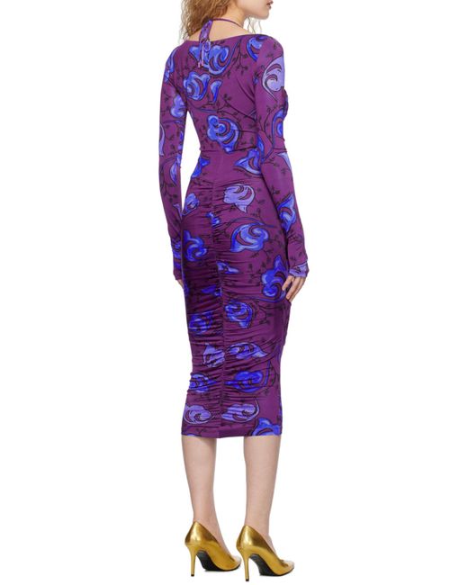 Versace Jeans Purple Couture Floral-Printed Cut-Out Detailed Midi Dress