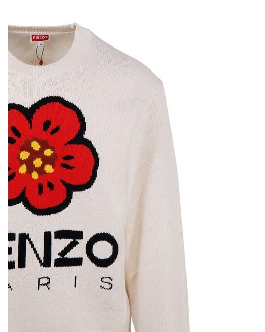 KENZO White Logo Intarsia Crewneck Jumper for men