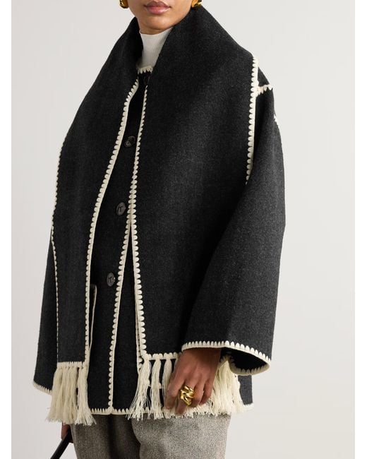Totême  Black Draped Tassel Wool Blend Coat