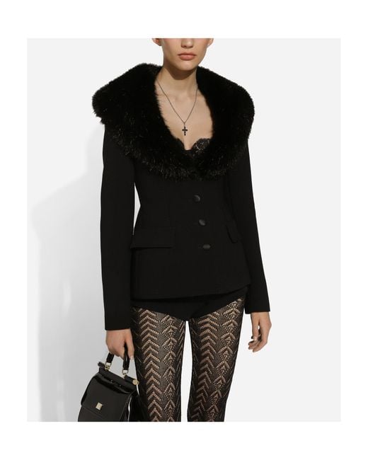 Dolce & Gabbana Black Single-Breasted Wool Jacket With Faux Fur Collar
