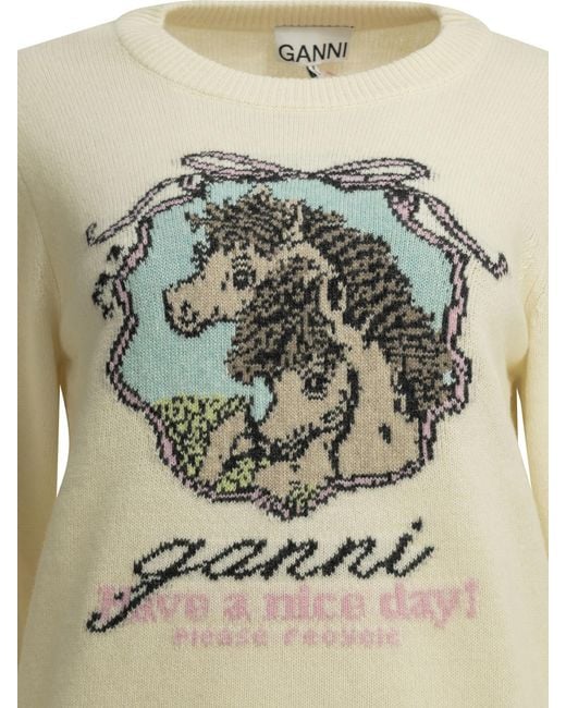 Ganni White Horses Jacquard Knitted Sweater