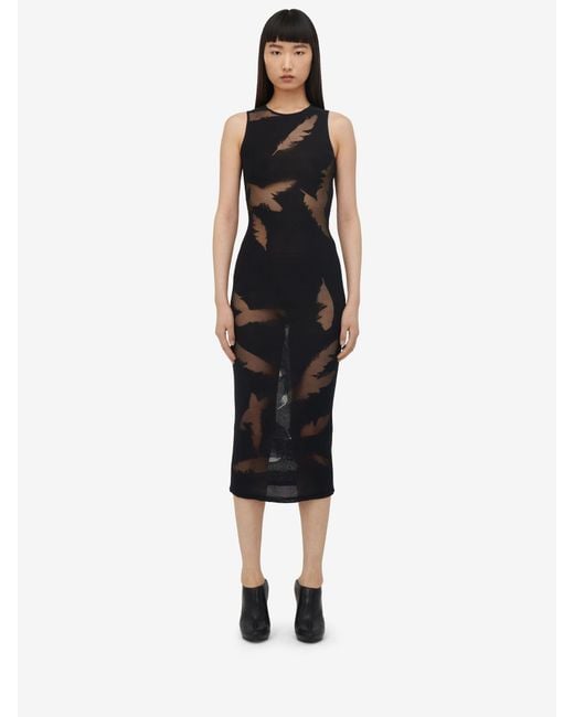 McQueen Black Feather-Intarsia Sleeveless Pencil Dress