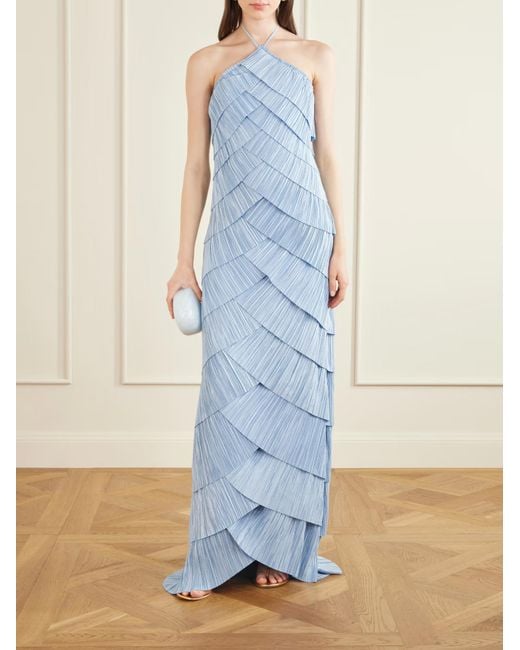 Cult Gaia Blue Marsla Pleated Halter Neck Dress
