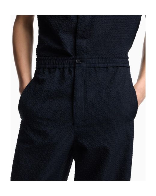 Emporio Armani Blue Seersucker-Texture Straight Leg Trousers for men