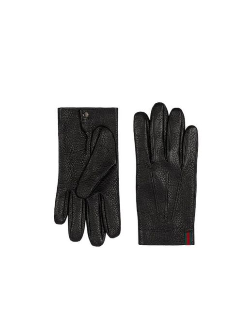 Gucci Black Grainy Leather Gloves With Web for men