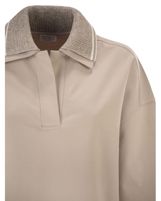 Brunello Cucinelli Natural Interlock Couture Polo Shirt With Sparkling Knitted Collar