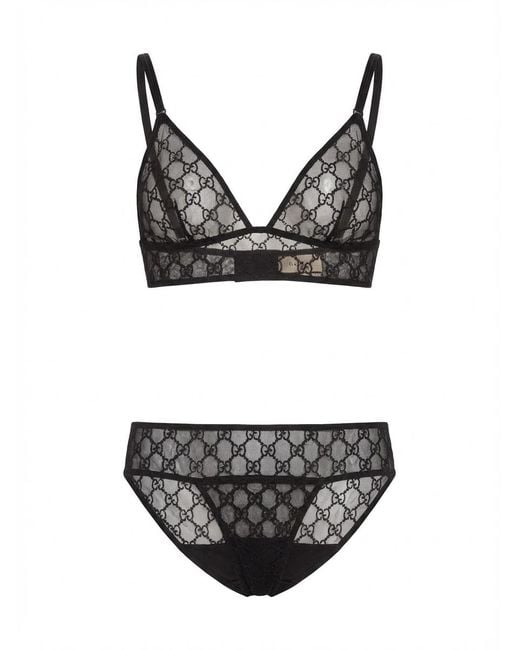 Gucci Black Gg Embroidered Tulle Lingerie Set