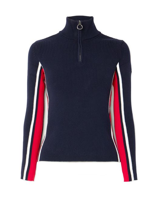 Fusalp Blue Striped Ribbed-Knit Half-Zip Sweater