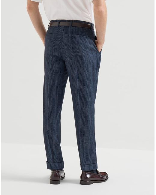 Brunello Cucinelli Blue Cashmere And Silk Chevron Flannel Trousers With Pleat for men